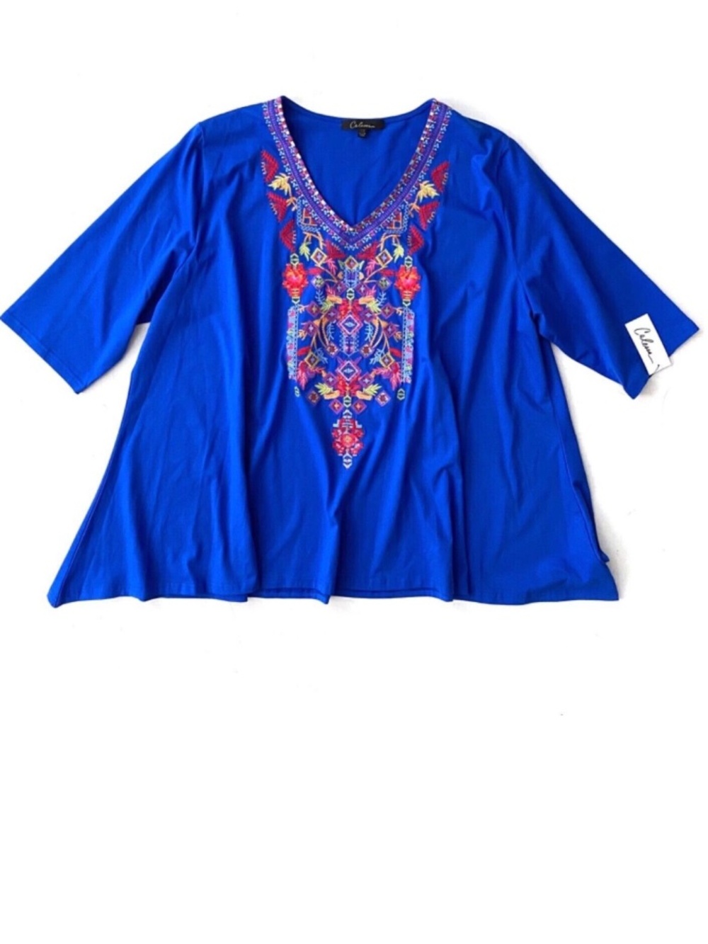 Calessa Nwt Blue Embroidered V-Neck 3/4 Sleeve A-Line Tunic Top